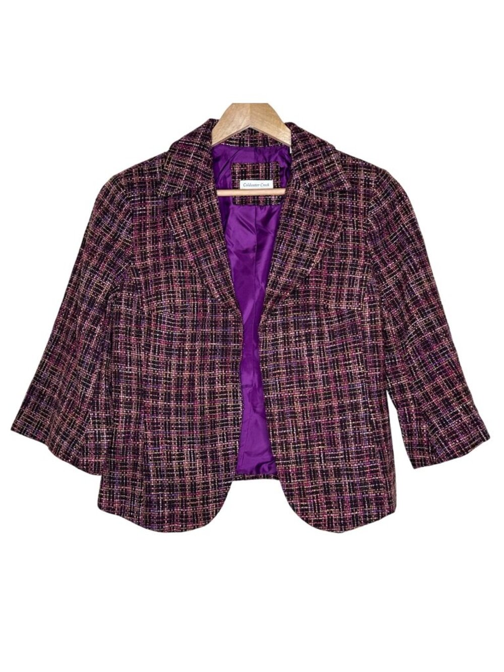 Coldwater Creek Blazer Size 10 Multicolor Plaid Tweed 3/4 Sleeve Lined Career